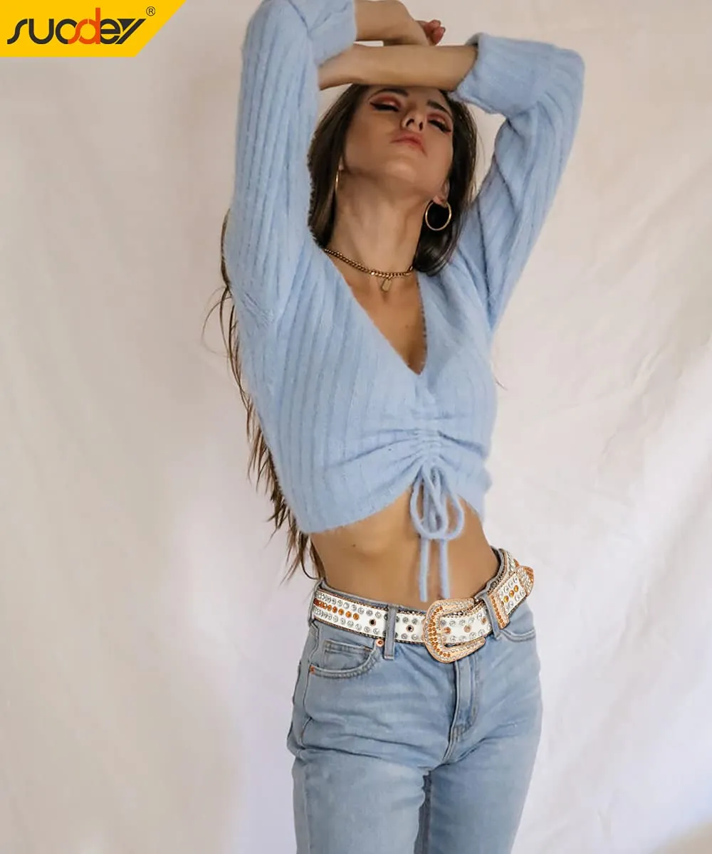 Rhinestone Belt for Men Women SUOSDEY Western Cowboy Cowgirl Bling Studded Leather Belt for Jeans Pants