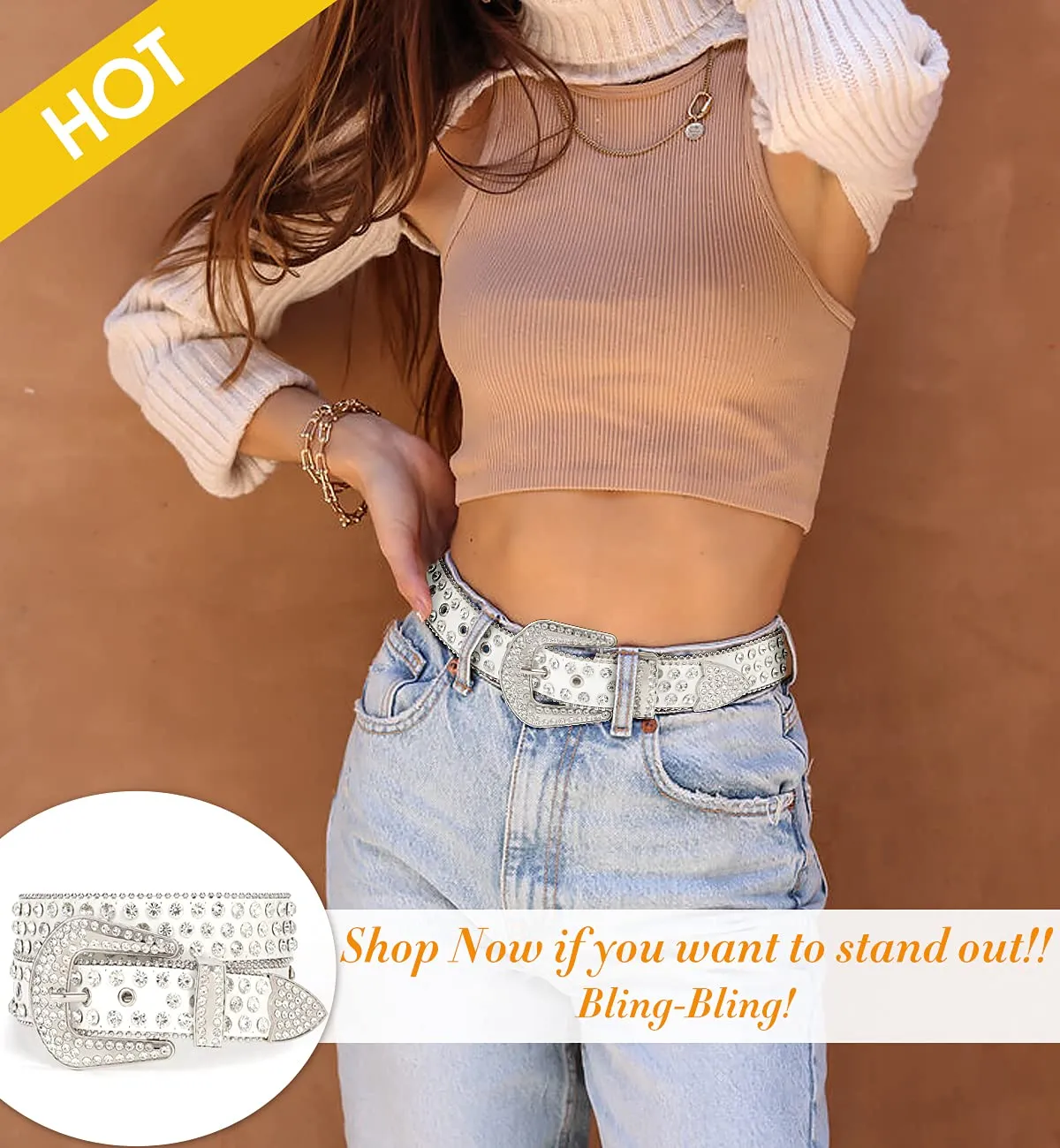 Rhinestone Belt for Men Women SUOSDEY Western Cowboy Cowgirl Bling Studded Leather Belt for Jeans Pants