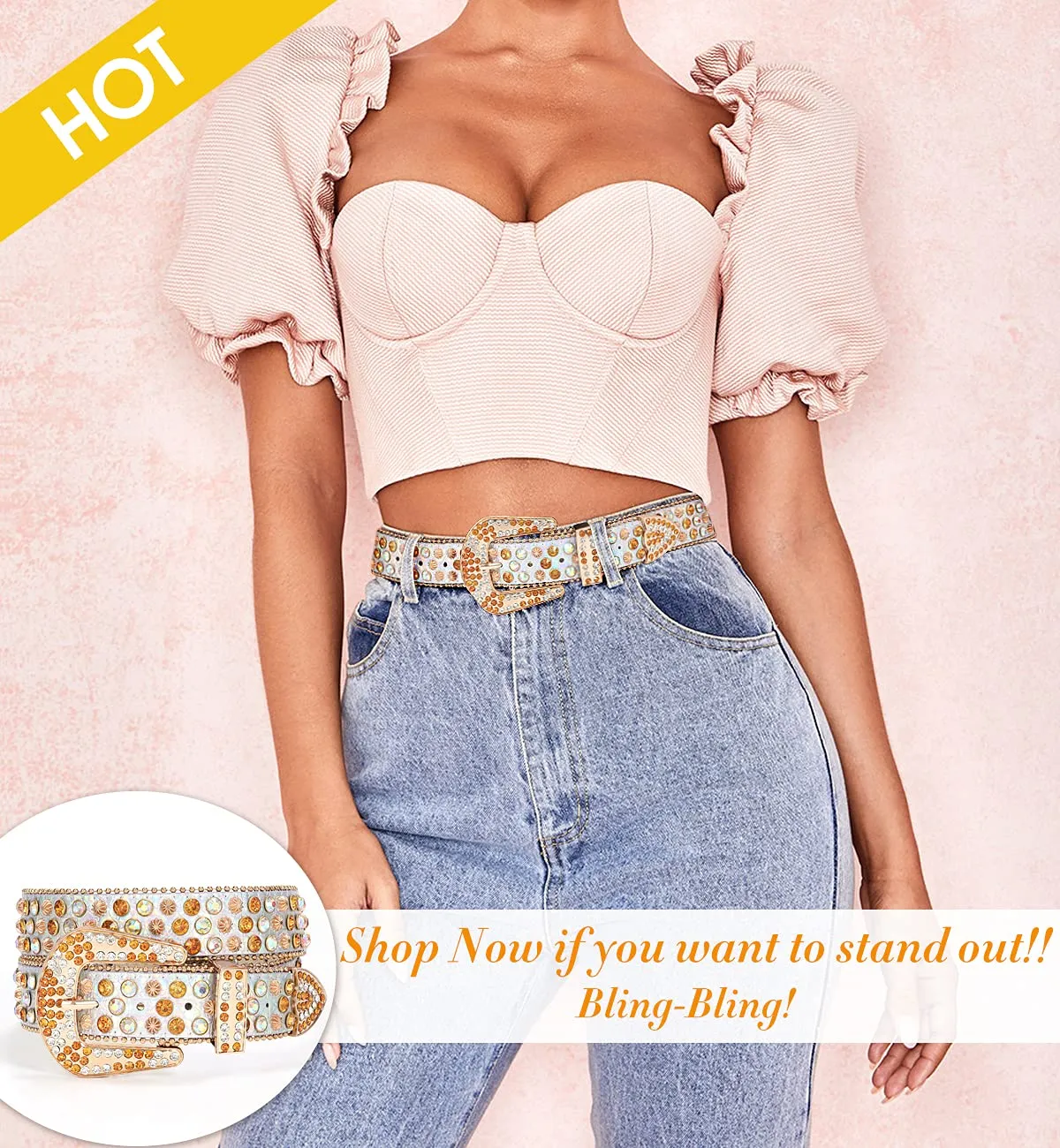 Rhinestone Belt for Men Women SUOSDEY Western Cowboy Cowgirl Bling Studded Leather Belt for Jeans Pants