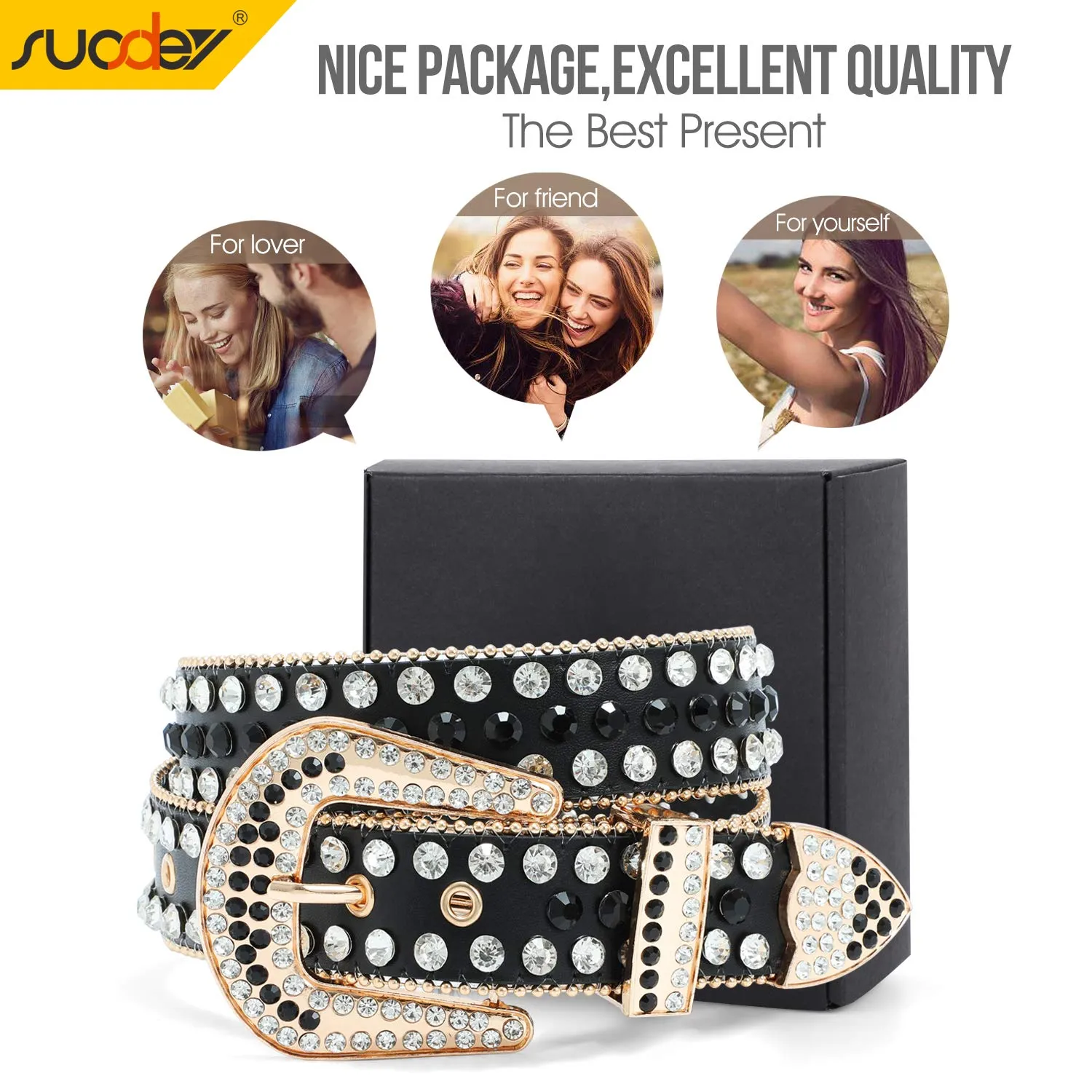 Rhinestone Belt for Men Women SUOSDEY Western Cowboy Cowgirl Bling Studded Leather Belt for Jeans Pants
