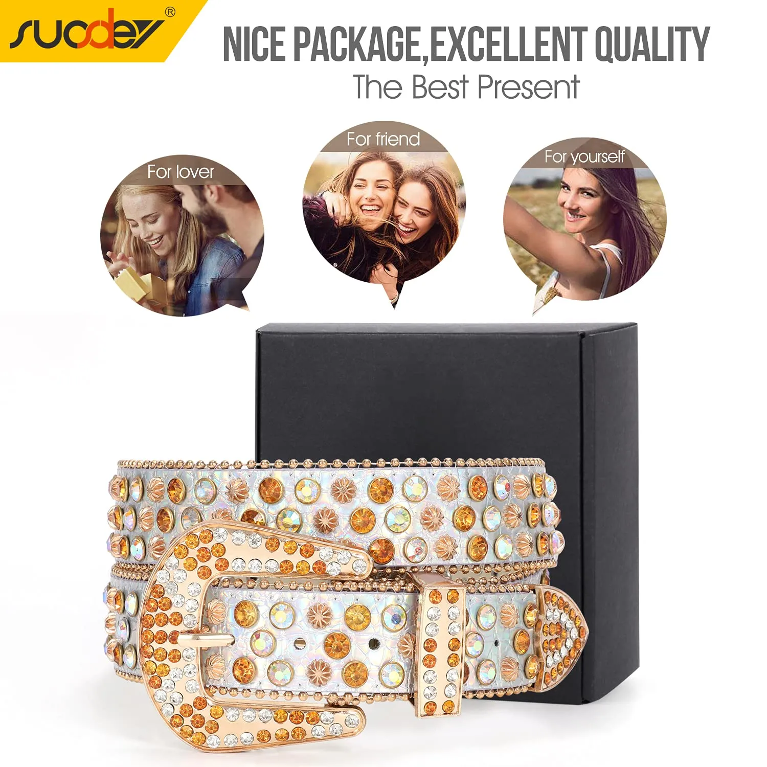 Rhinestone Belt for Men Women SUOSDEY Western Cowboy Cowgirl Bling Studded Leather Belt for Jeans Pants