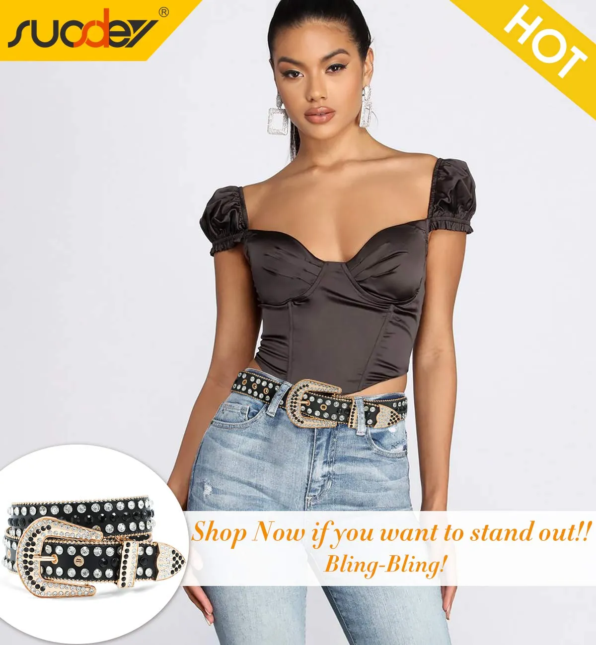 Rhinestone Belt for Men Women SUOSDEY Western Cowboy Cowgirl Bling Studded Leather Belt for Jeans Pants