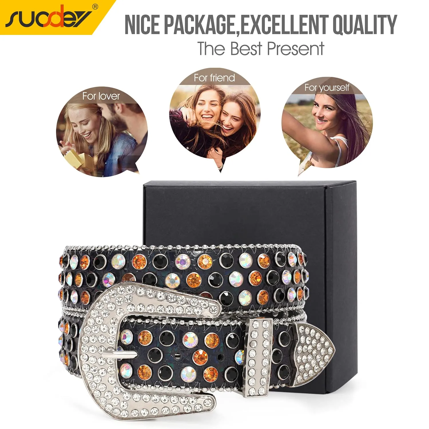 Rhinestone Belt for Men Women SUOSDEY Western Cowboy Cowgirl Bling Studded Leather Belt for Jeans Pants