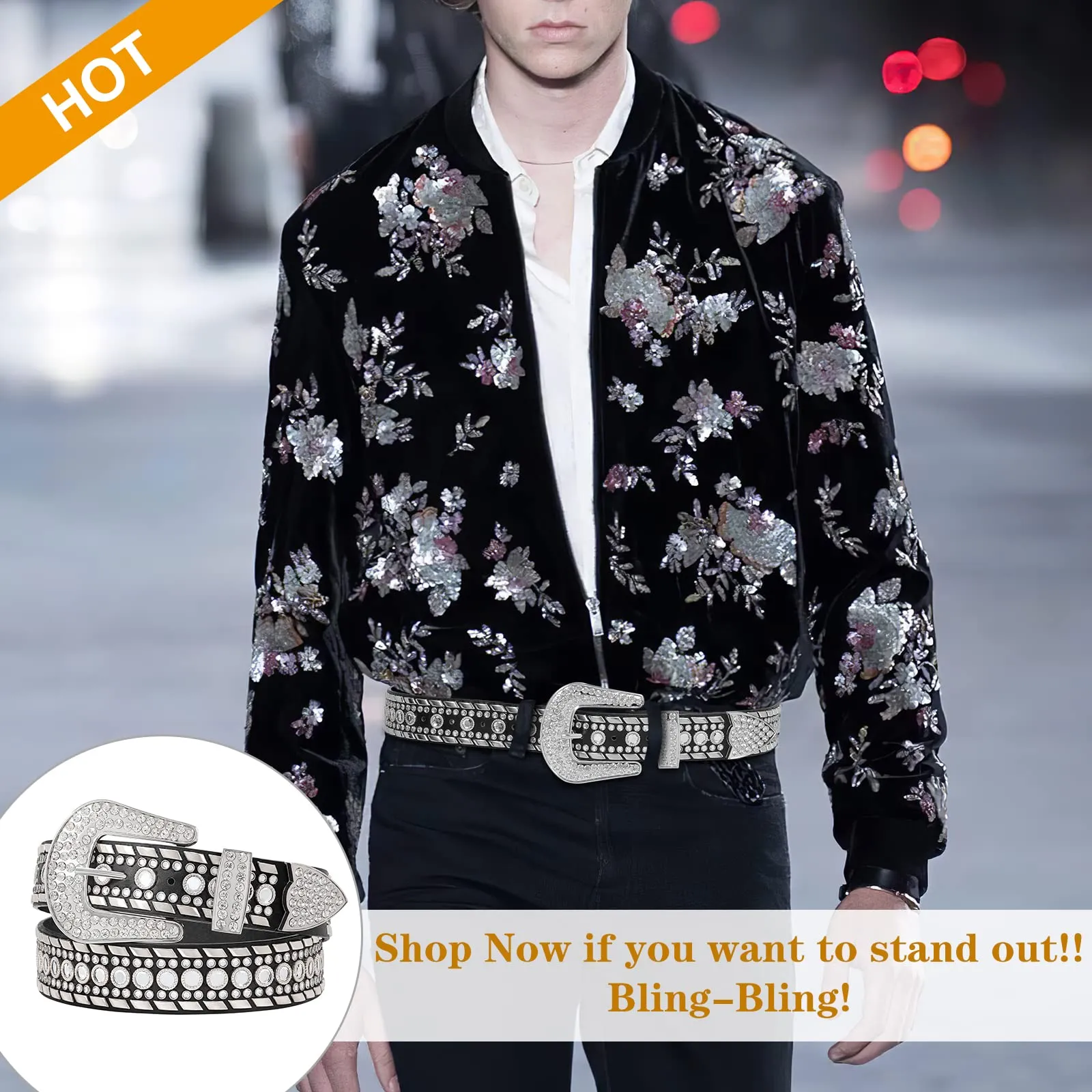 Rhinestone Belt for Men Women SUOSDEY Western Cowboy Cowgirl Bling Studded Leather Belt for Jeans Pants