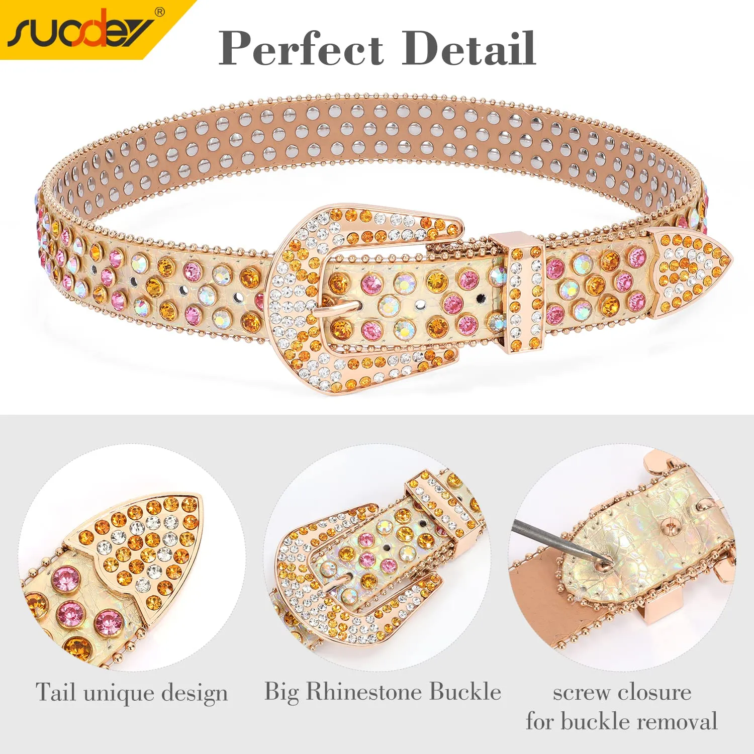 Rhinestone Belt for Men Women SUOSDEY Western Cowboy Cowgirl Bling Studded Leather Belt for Jeans Pants