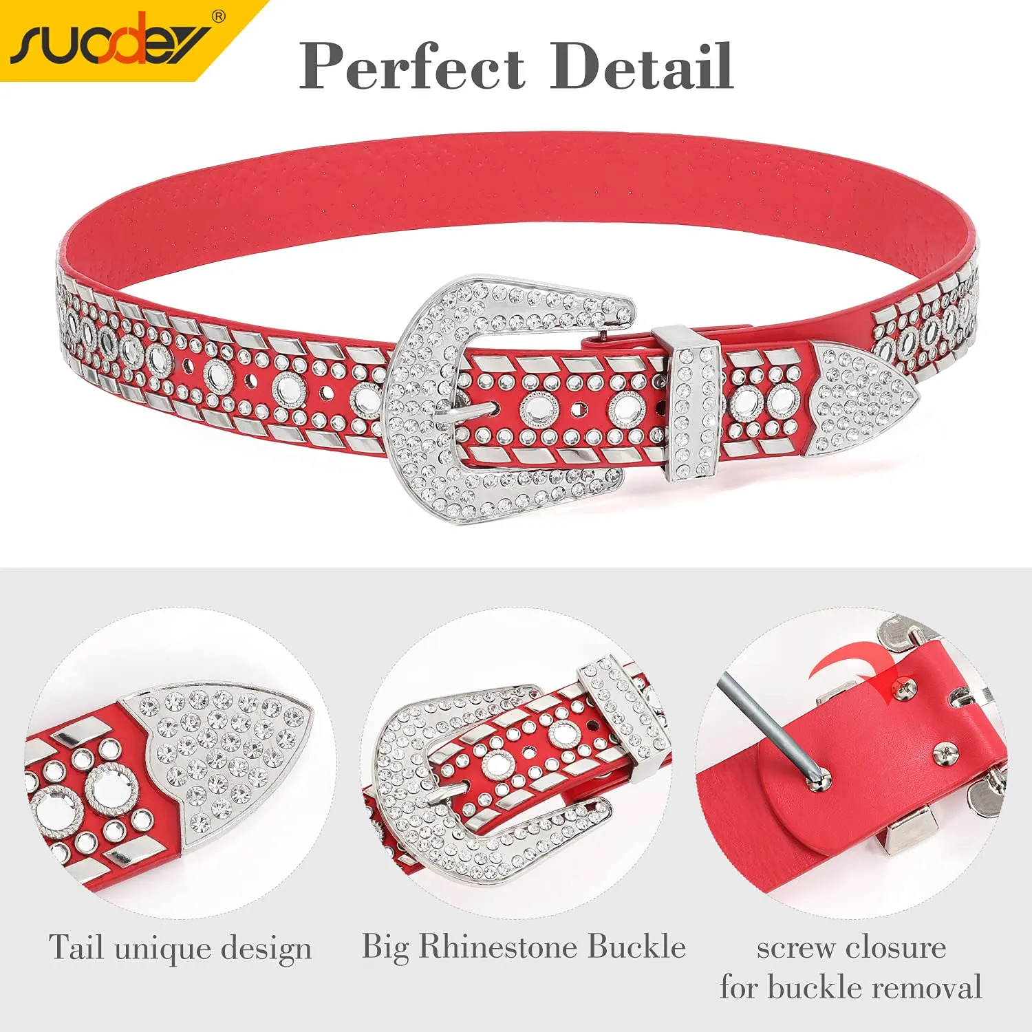 Rhinestone Belt for Men Women SUOSDEY Western Cowboy Cowgirl Bling Studded Leather Belt for Jeans Pants