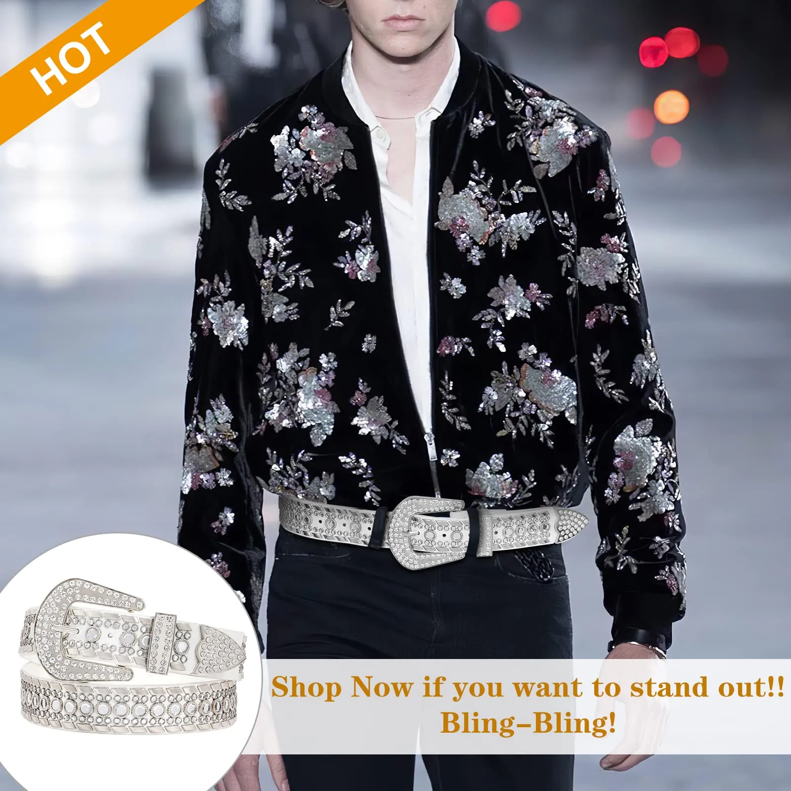 Rhinestone Belt for Men Women SUOSDEY Western Cowboy Cowgirl Bling Studded Leather Belt for Jeans Pants