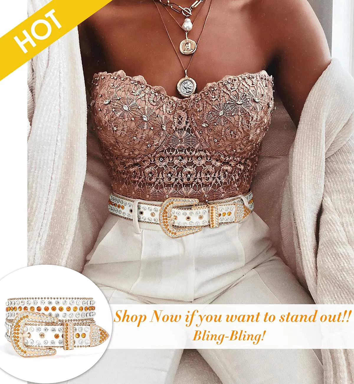 Rhinestone Belt for Men Women SUOSDEY Western Cowboy Cowgirl Bling Studded Leather Belt for Jeans Pants