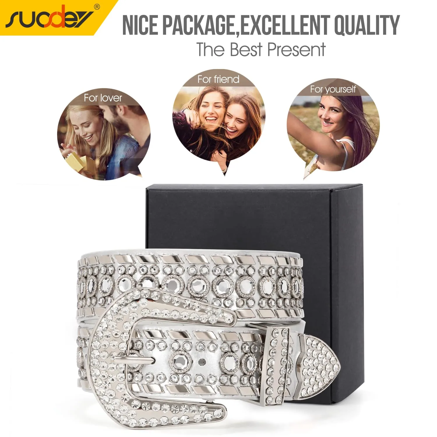 Rhinestone Belt for Men Women SUOSDEY Western Cowboy Cowgirl Bling Studded Leather Belt for Jeans Pants