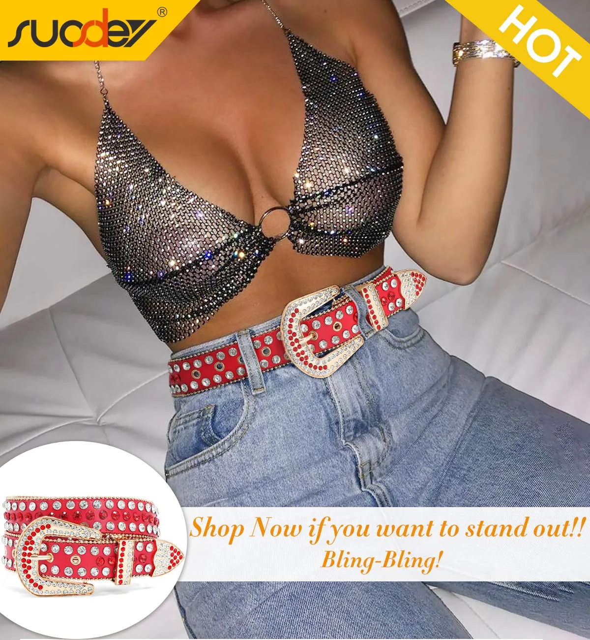 Rhinestone Belt for Men Women SUOSDEY Western Cowboy Cowgirl Bling Studded Leather Belt for Jeans Pants