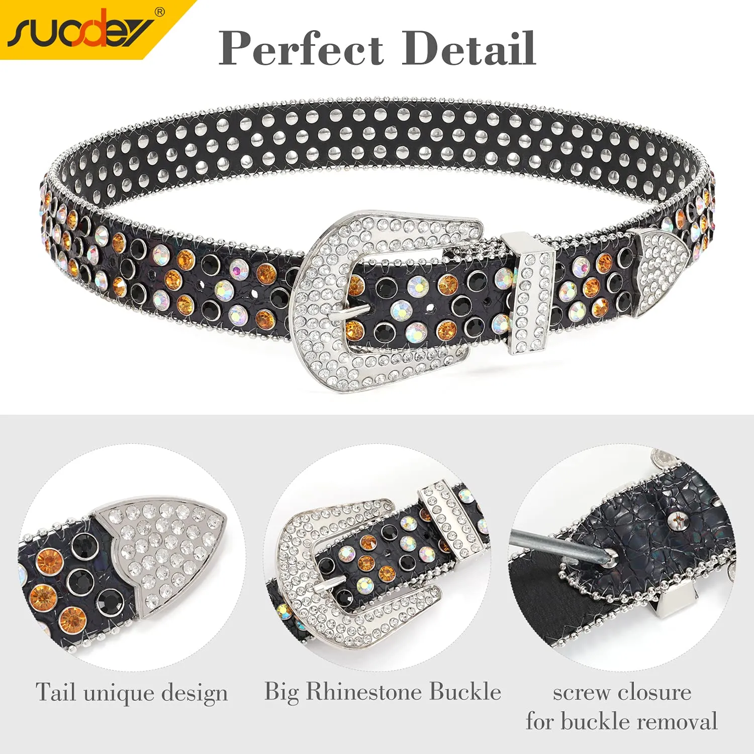 Rhinestone Belt for Men Women SUOSDEY Western Cowboy Cowgirl Bling Studded Leather Belt for Jeans Pants