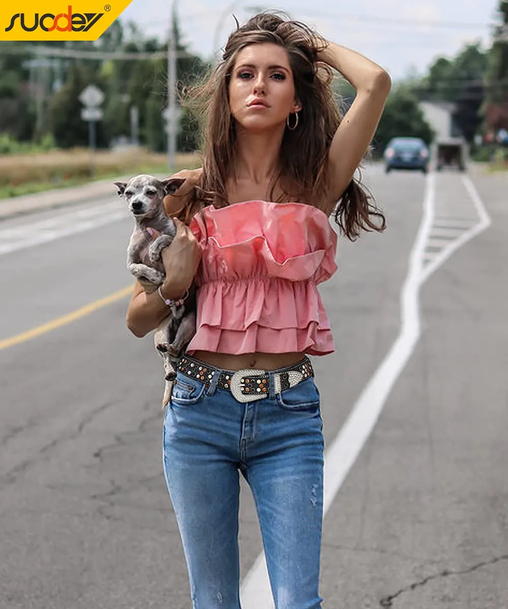Rhinestone Belt for Men Women SUOSDEY Western Cowboy Cowgirl Bling Studded Leather Belt for Jeans Pants