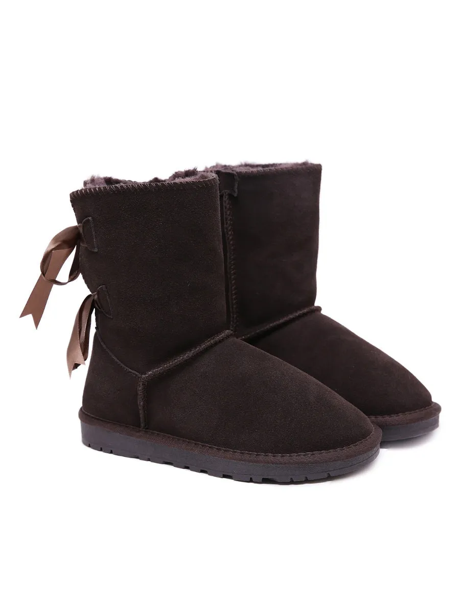 Ribbon Back Double-Bow Suede Boots