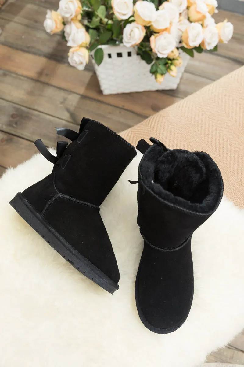 Ribbon Back Double-Bow Suede Boots