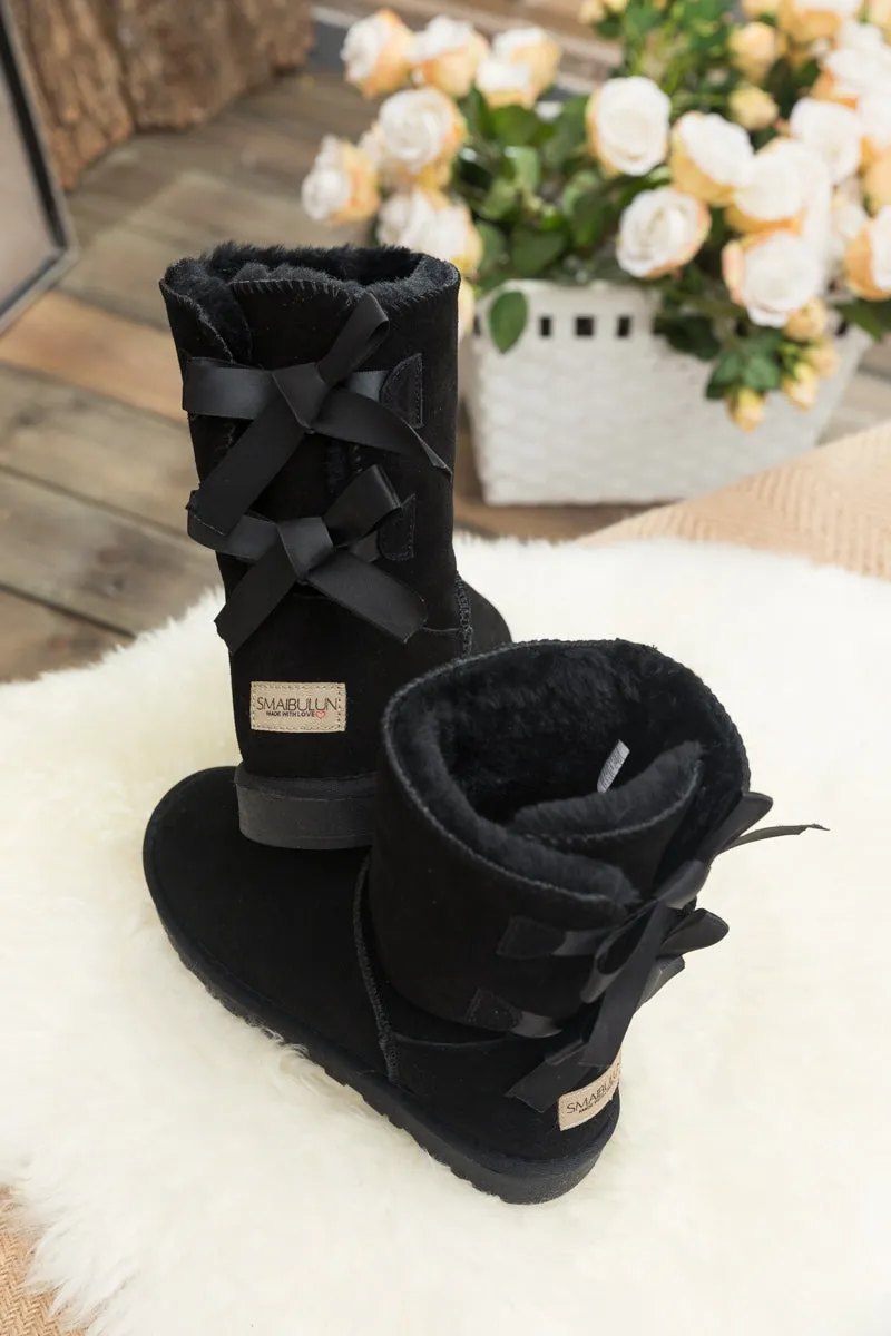 Ribbon Back Double-Bow Suede Boots