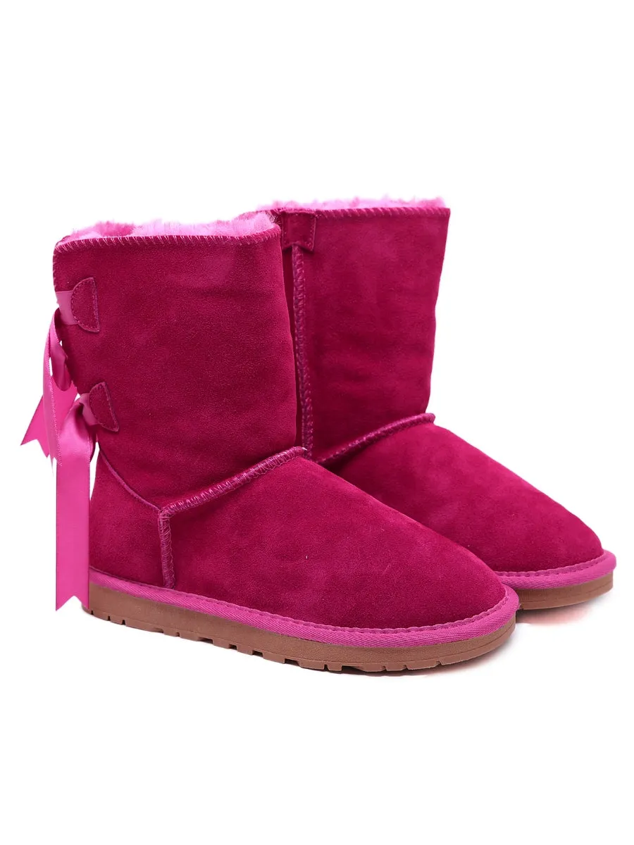 Ribbon Back Double-Bow Suede Boots
