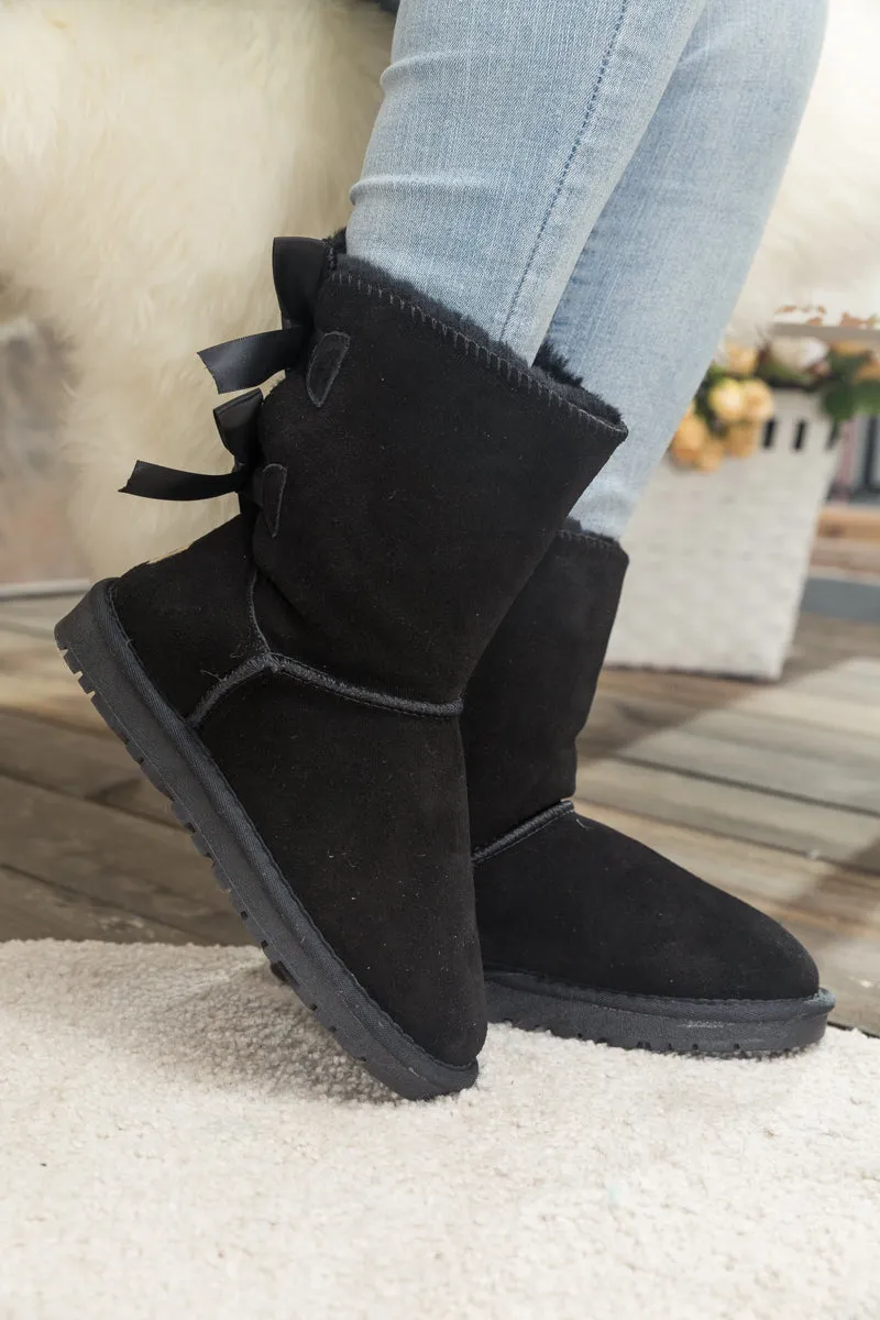 Ribbon Back Double-Bow Suede Boots