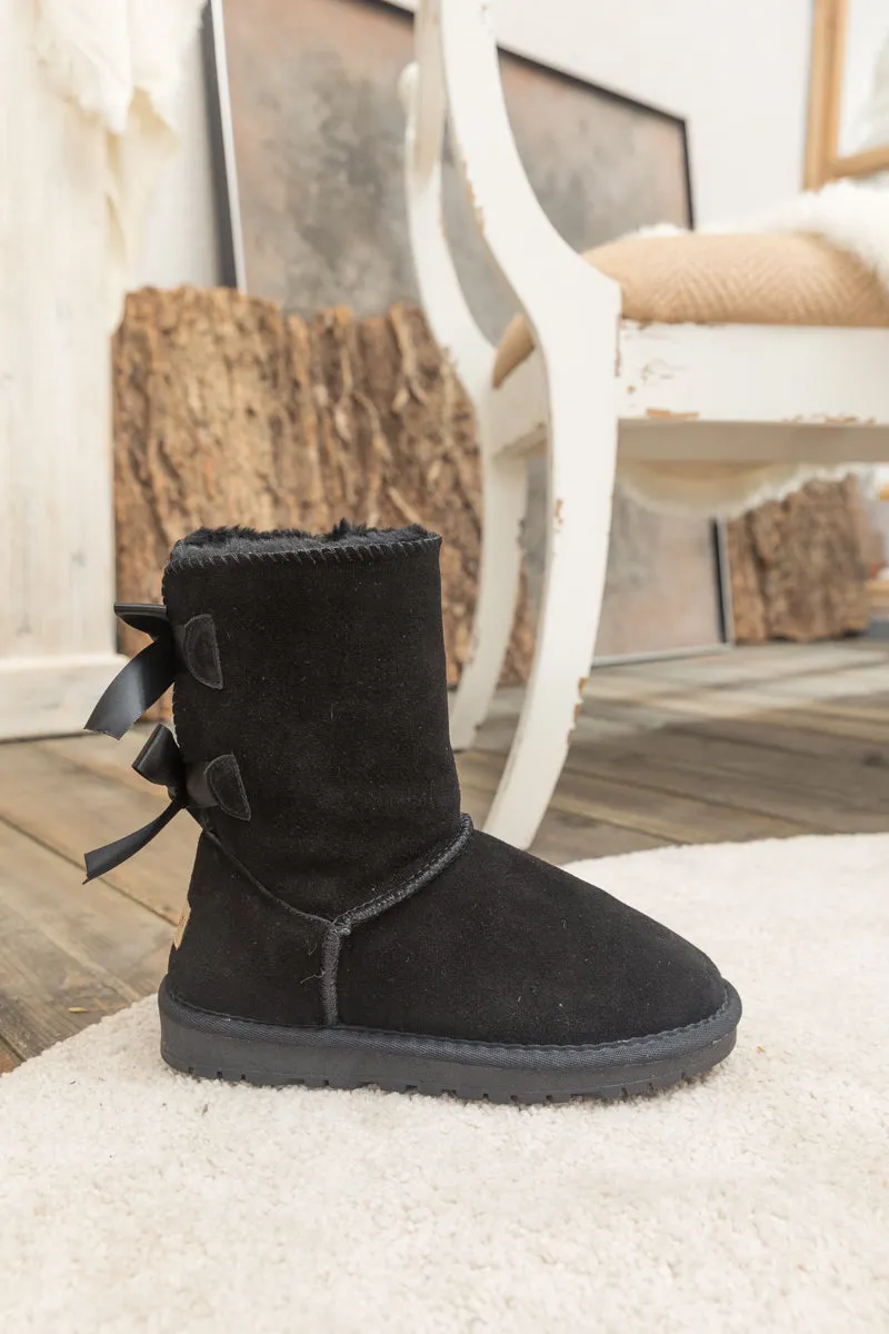 Ribbon Back Double-Bow Suede Boots
