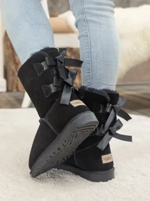 Ribbon Back Double-Bow Suede Boots