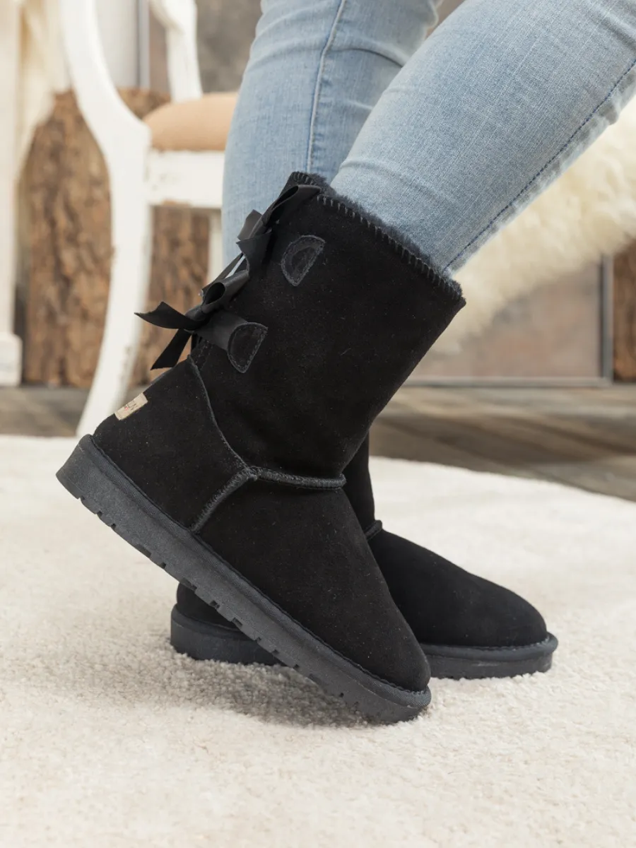 Ribbon Back Double-Bow Suede Boots