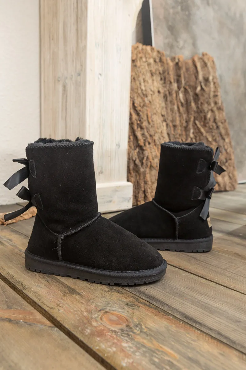 Ribbon Back Double-Bow Suede Boots