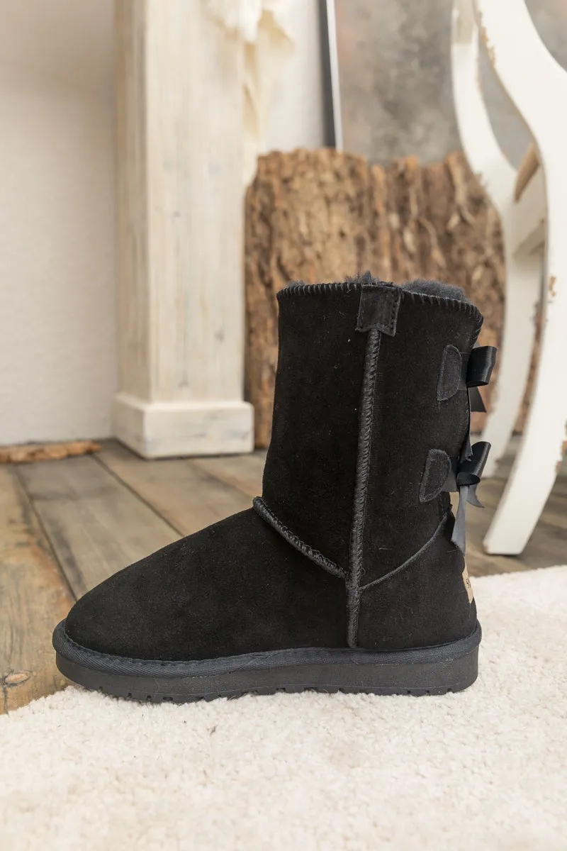 Ribbon Back Double-Bow Suede Boots