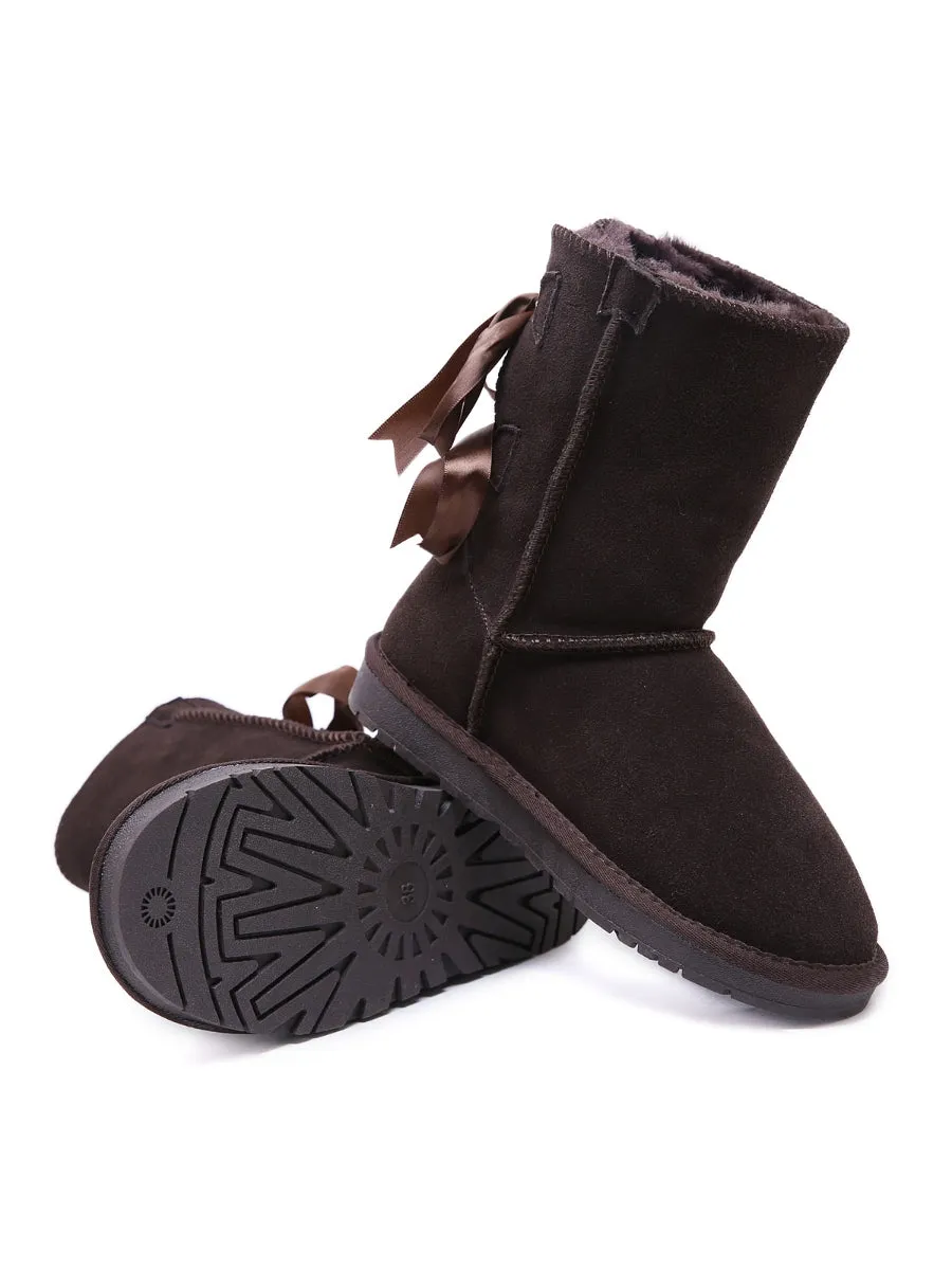 Ribbon Back Double-Bow Suede Boots