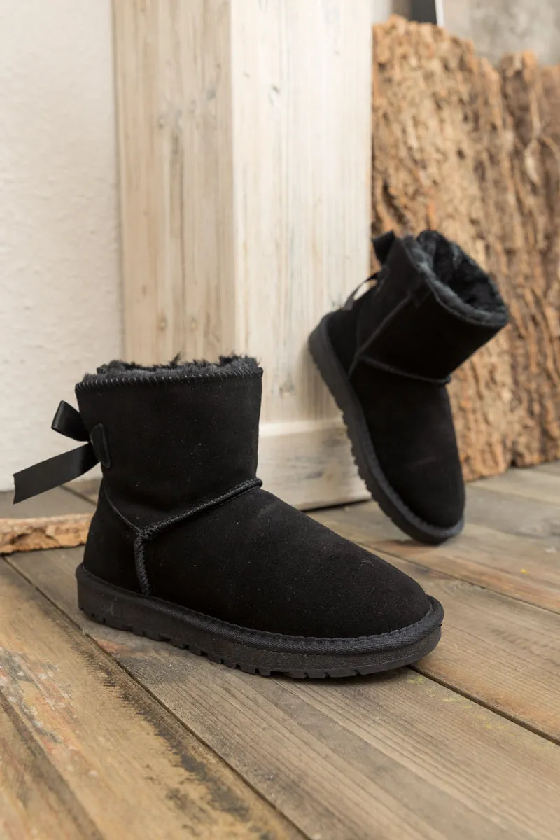 Ribbon Bow-Back Faux Fur-Lined Suede Boots