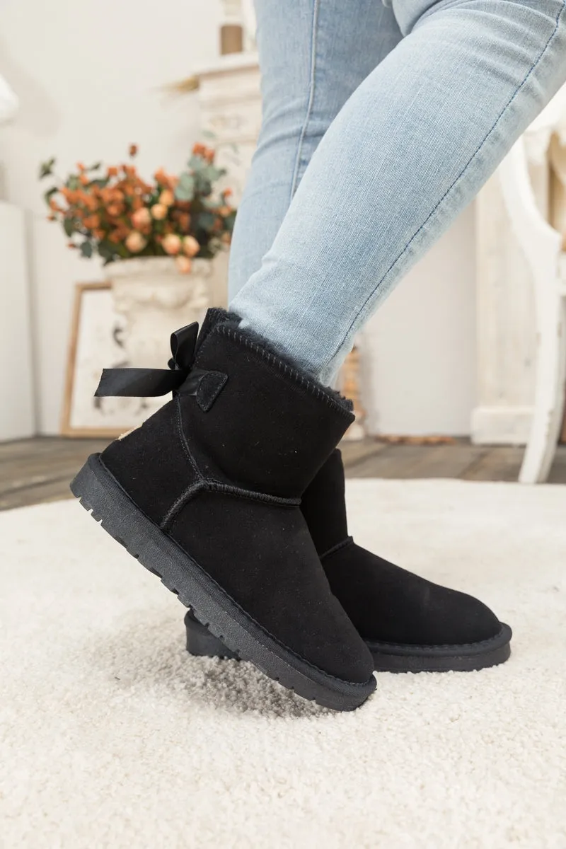 Ribbon Bow-Back Faux Fur-Lined Suede Boots