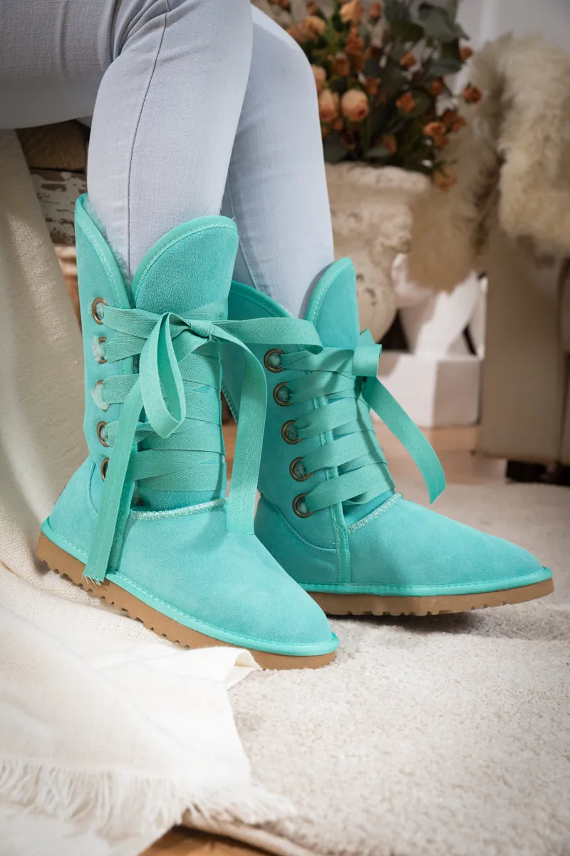 Ribbon Lace-Up Faux Fur-Lined Suede Boot - Turquoise