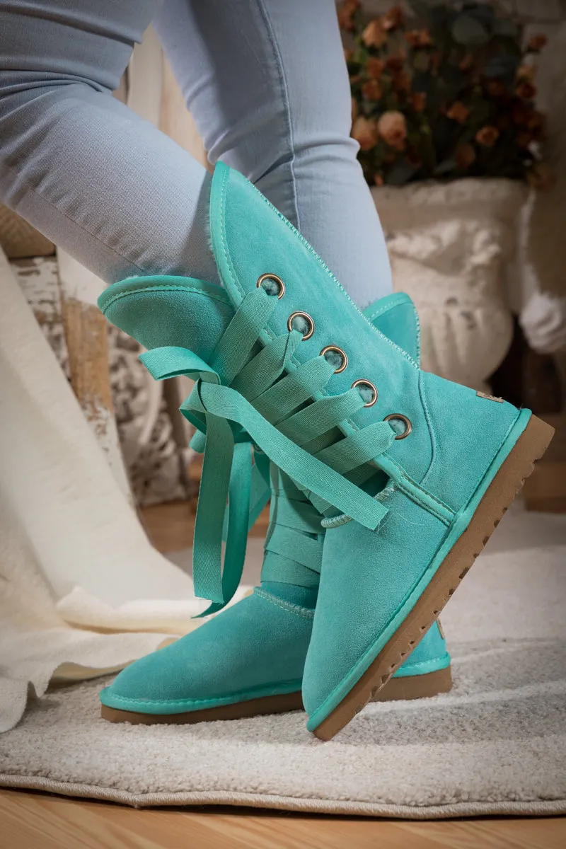 Ribbon Lace-Up Faux Fur-Lined Suede Boot - Turquoise