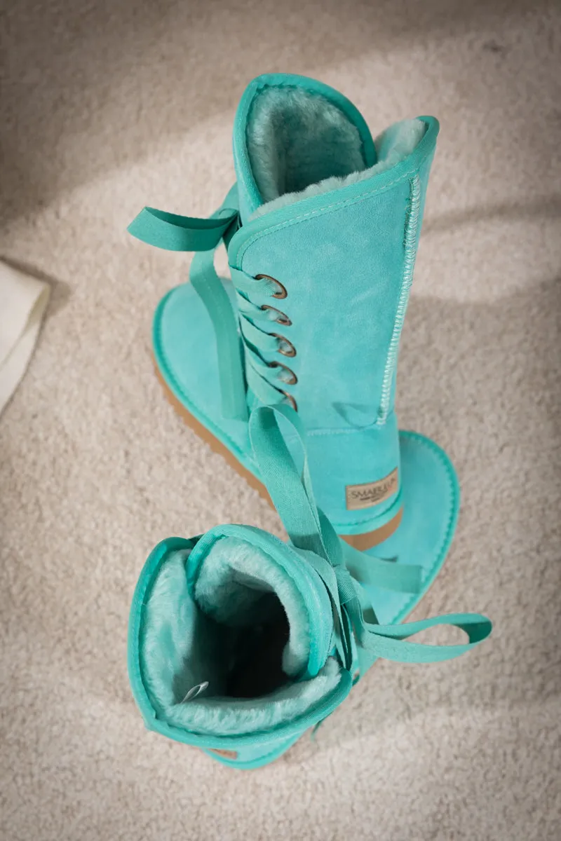 Ribbon Lace-Up Faux Fur-Lined Suede Boot - Turquoise