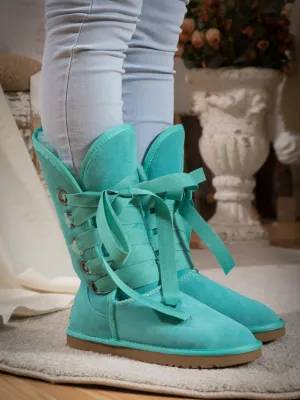 Ribbon Lace-Up Faux Fur-Lined Suede Boot - Turquoise