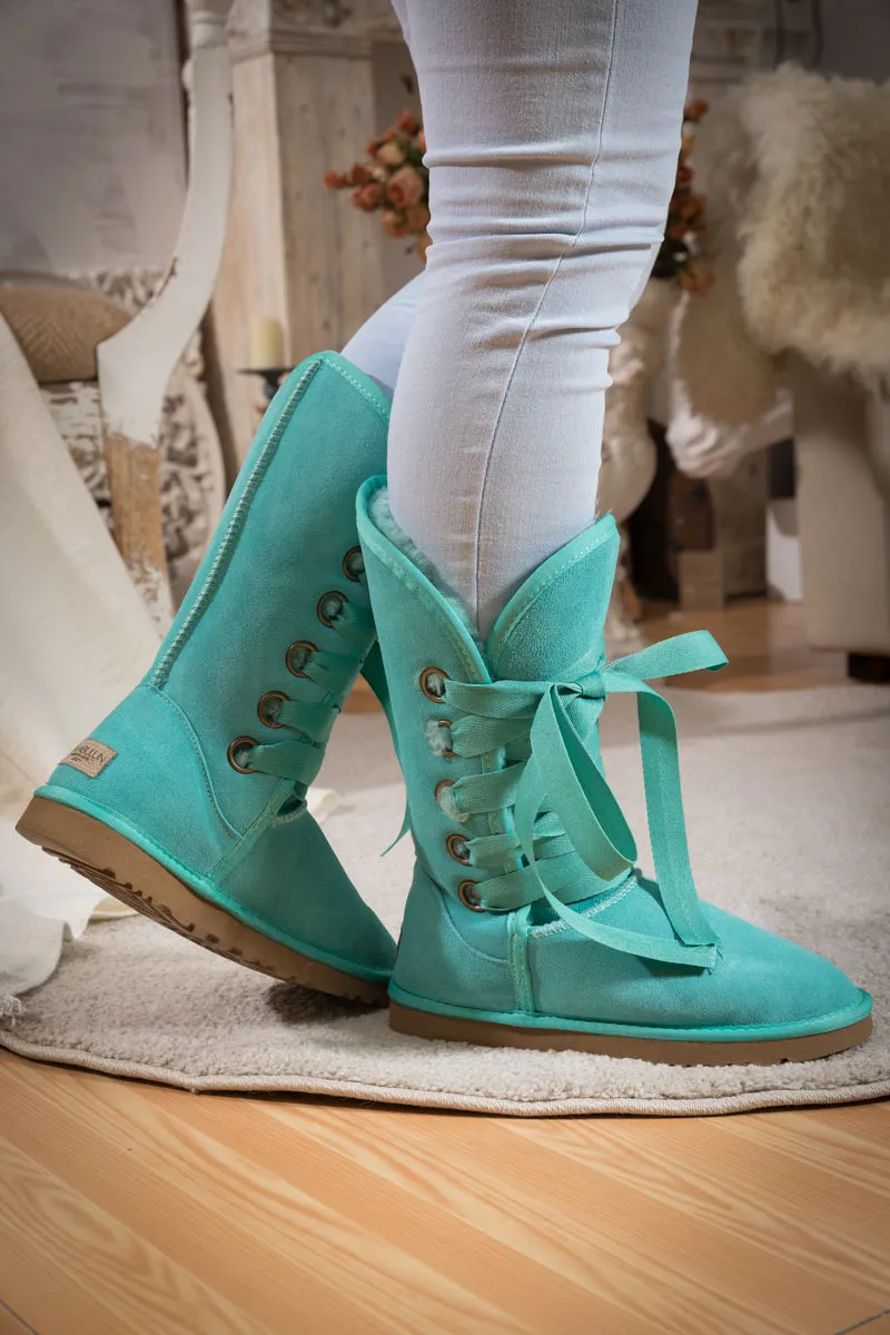Ribbon Lace-Up Faux Fur-Lined Suede Boot - Turquoise