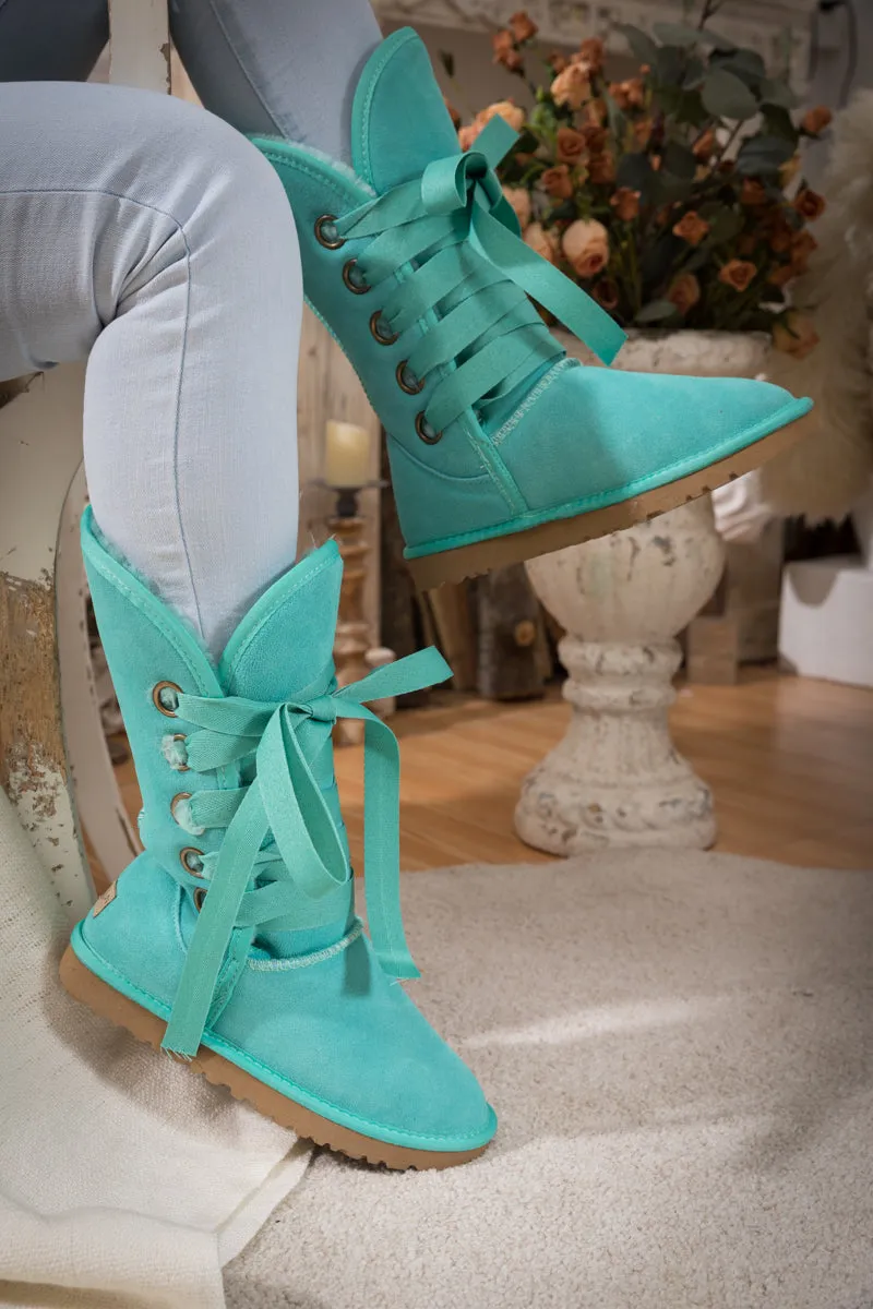 Ribbon Lace-Up Faux Fur-Lined Suede Boot - Turquoise