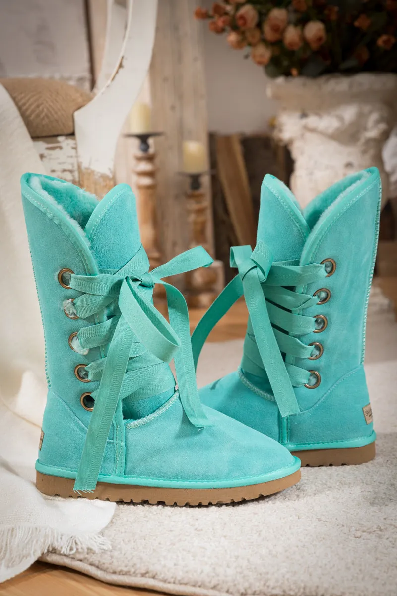 Ribbon Lace-Up Faux Fur-Lined Suede Boot - Turquoise