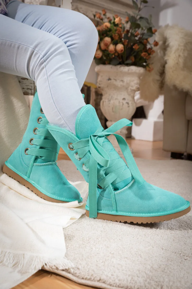 Ribbon Lace-Up Faux Fur-Lined Suede Boot - Turquoise