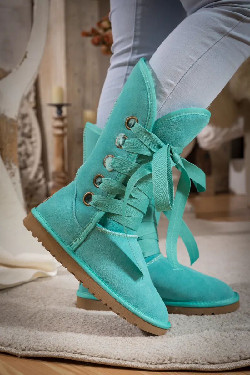 Ribbon Lace-Up Faux Fur-Lined Suede Boot - Turquoise