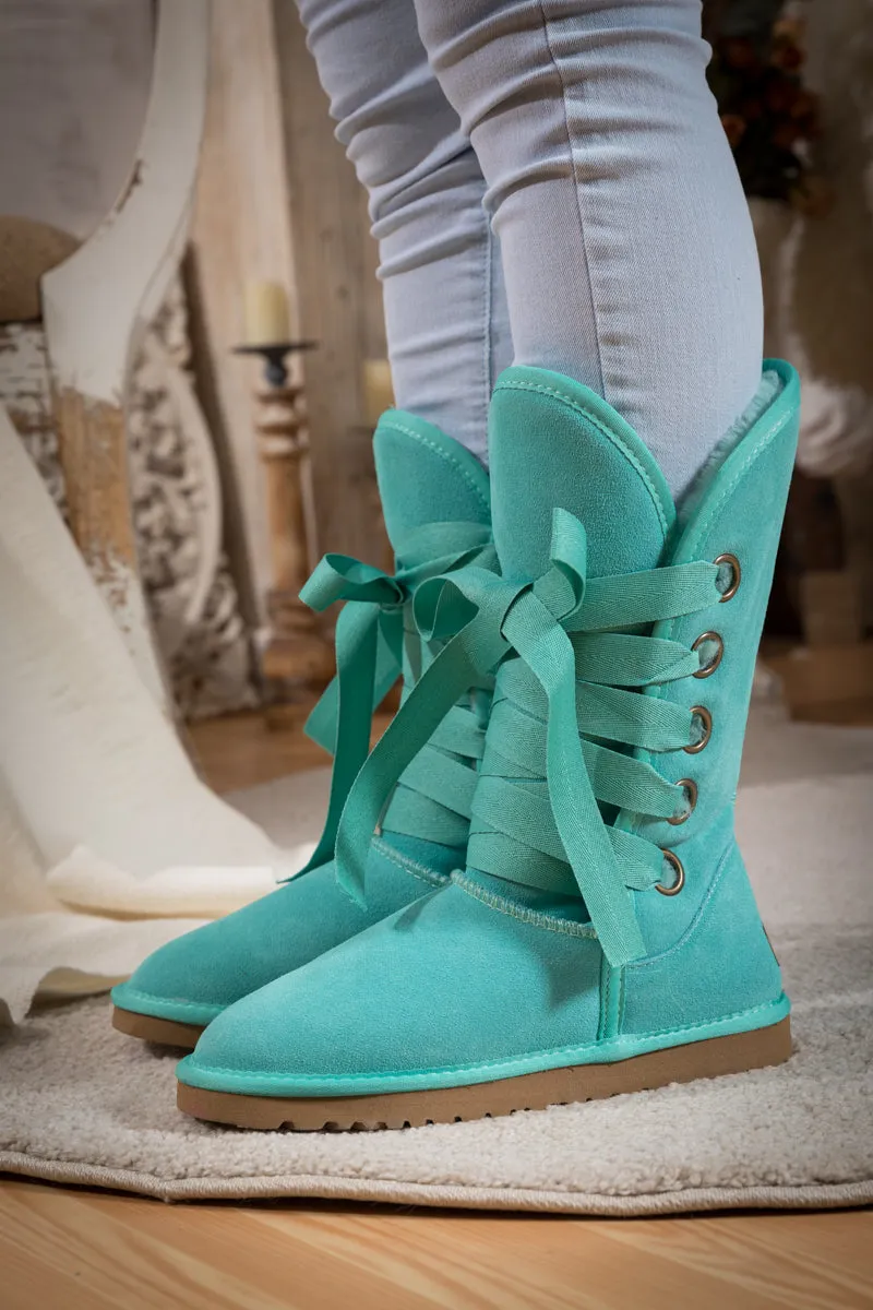 Ribbon Lace-Up Faux Fur-Lined Suede Boot - Turquoise