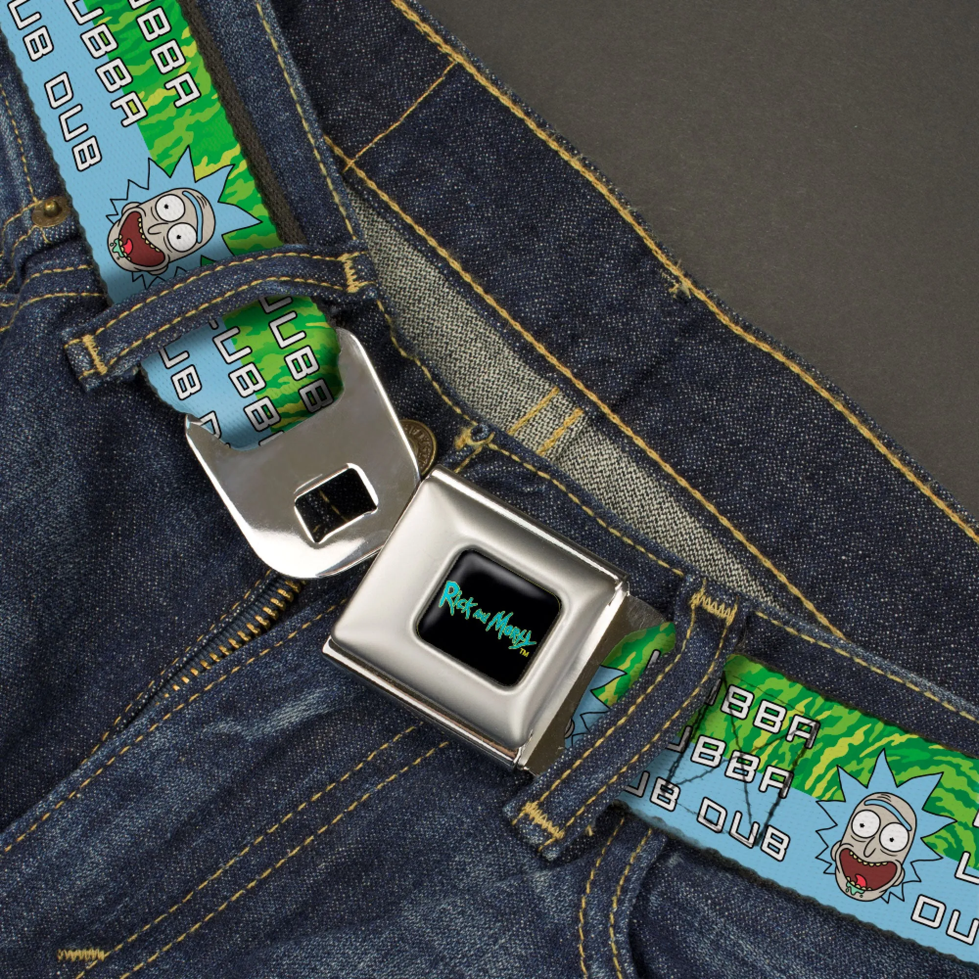 RICK AND MORTY Text Logo Full Color Black/Blue Seatbelt Belt - Rick and Morty Rick WUBBA LUBBA DUB DUB Face Greens/Blue Webbing
