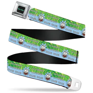 RICK AND MORTY Text Logo Full Color Black/Blue Seatbelt Belt - Rick and Morty Rick WUBBA LUBBA DUB DUB Face Greens/Blue Webbing