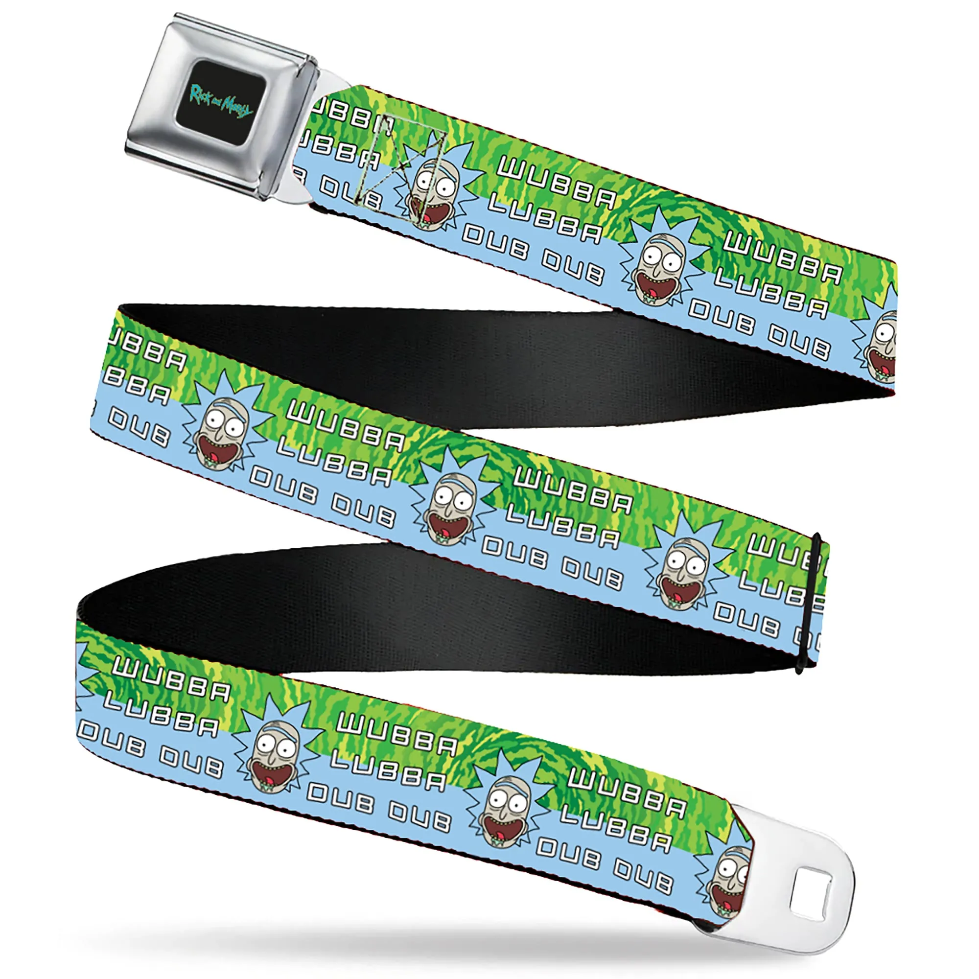 RICK AND MORTY Text Logo Full Color Black/Blue Seatbelt Belt - Rick and Morty Rick WUBBA LUBBA DUB DUB Face Greens/Blue Webbing