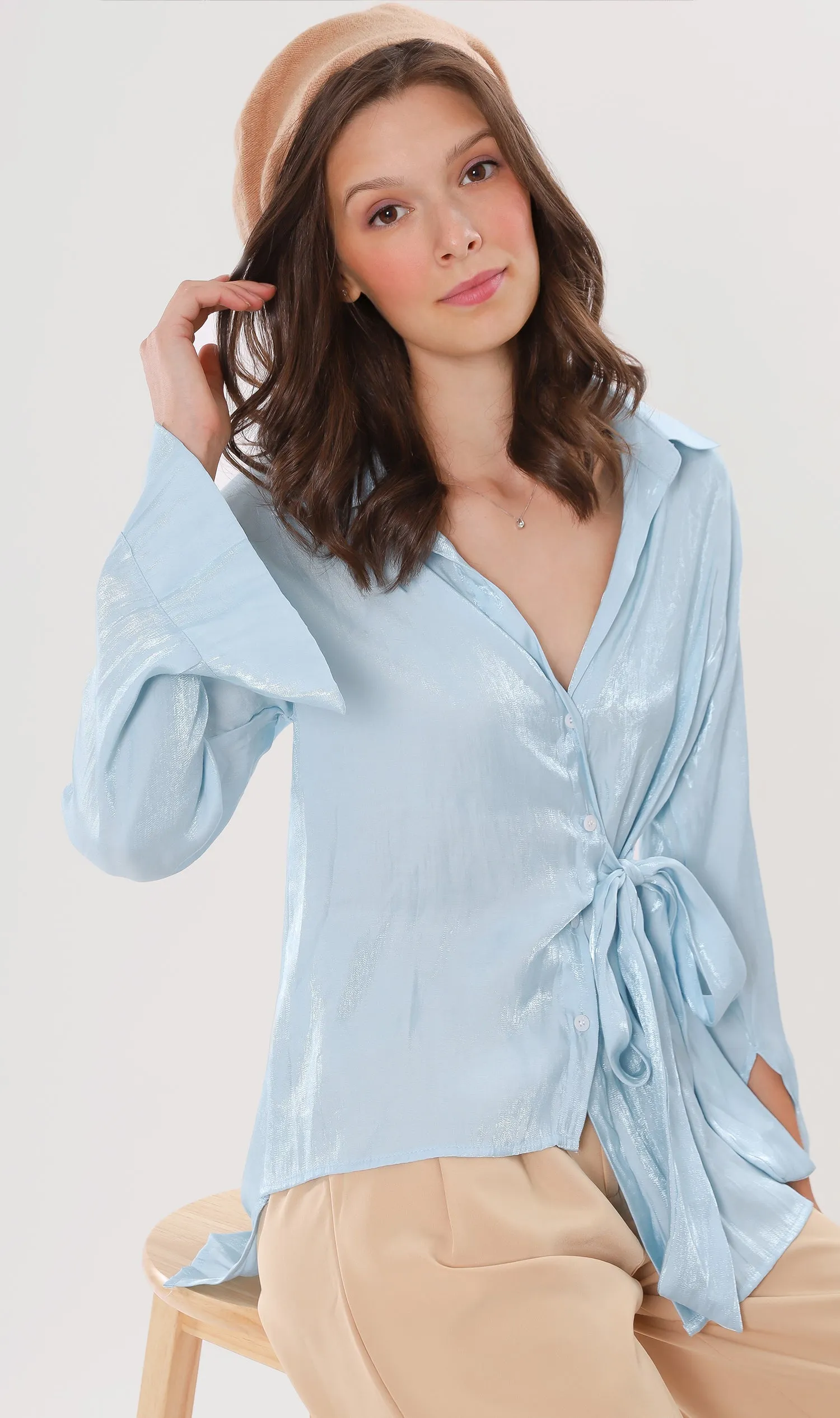 RORY Tie-Front Asymmetrical Button-Down (Sky Blue)