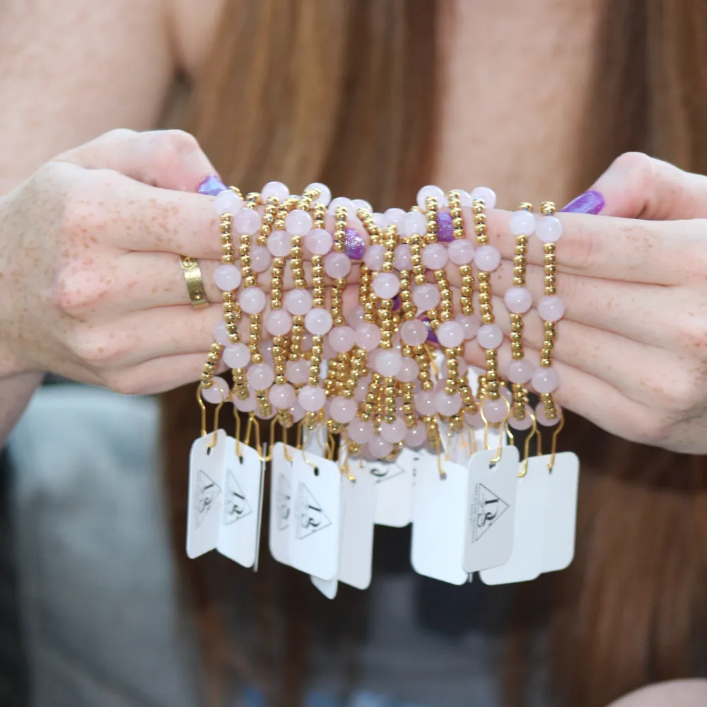 Rose Quartz Gemstone Beaded Bracelet~ 18k Gold Plated