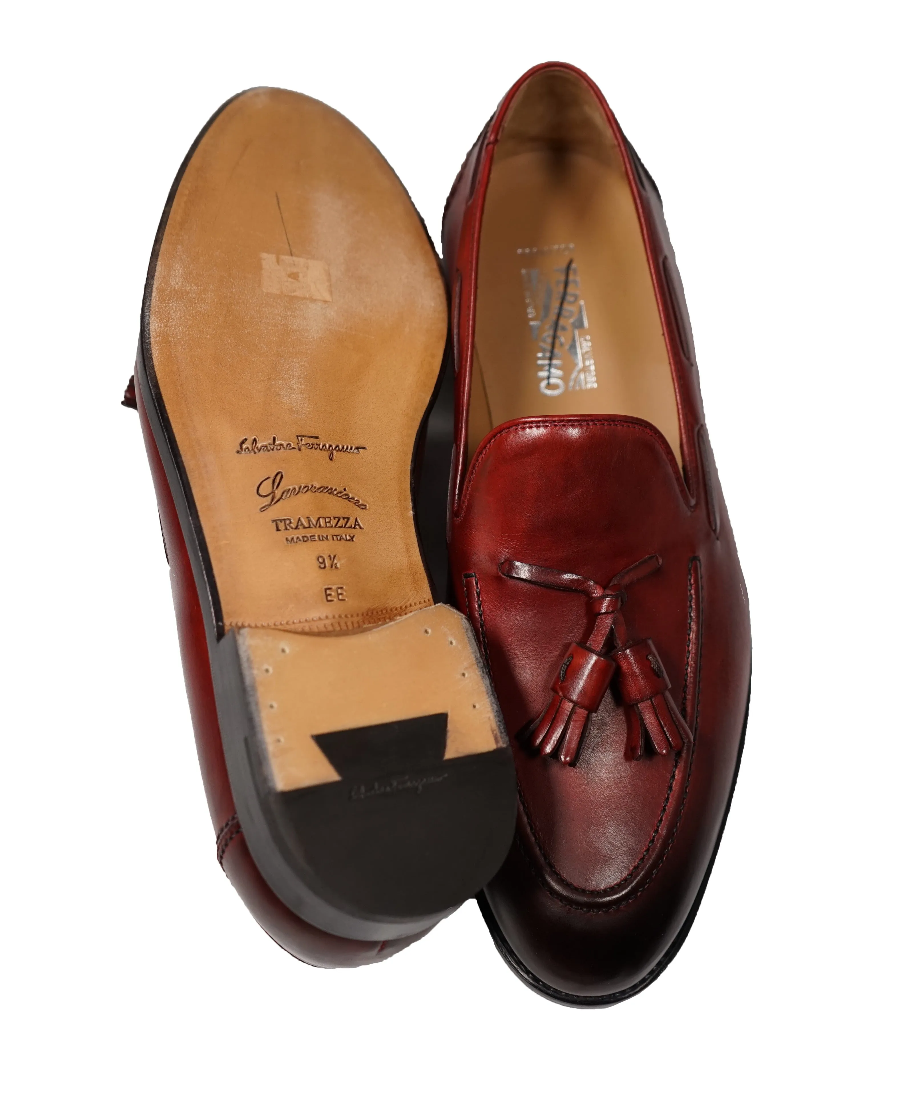 SALVATORE FERRAGAMO - TRAMEZZA Burgundy Tassel Detail Loafers  - 9.5/10