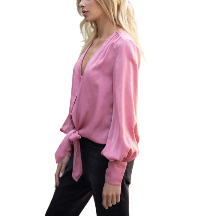 Satin Tie Front Pink Top