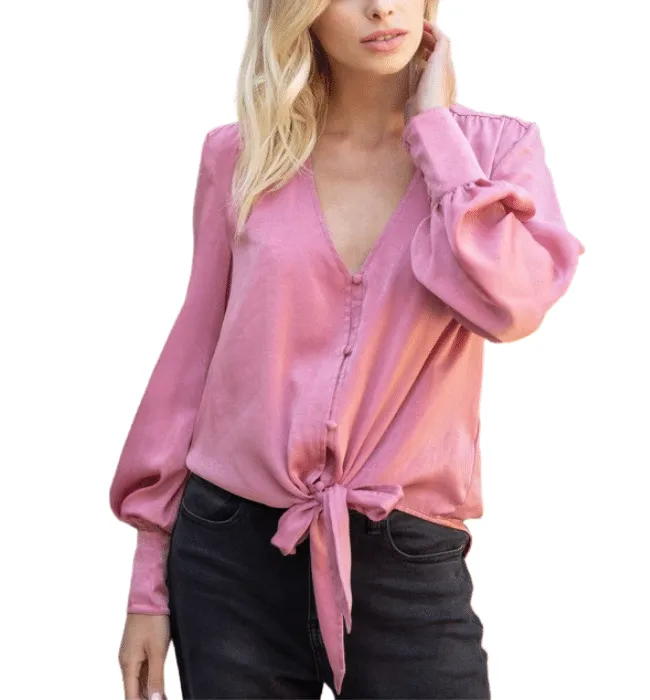 Satin Tie Front Pink Top