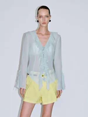 Sheer Ruffle Hem Blouses