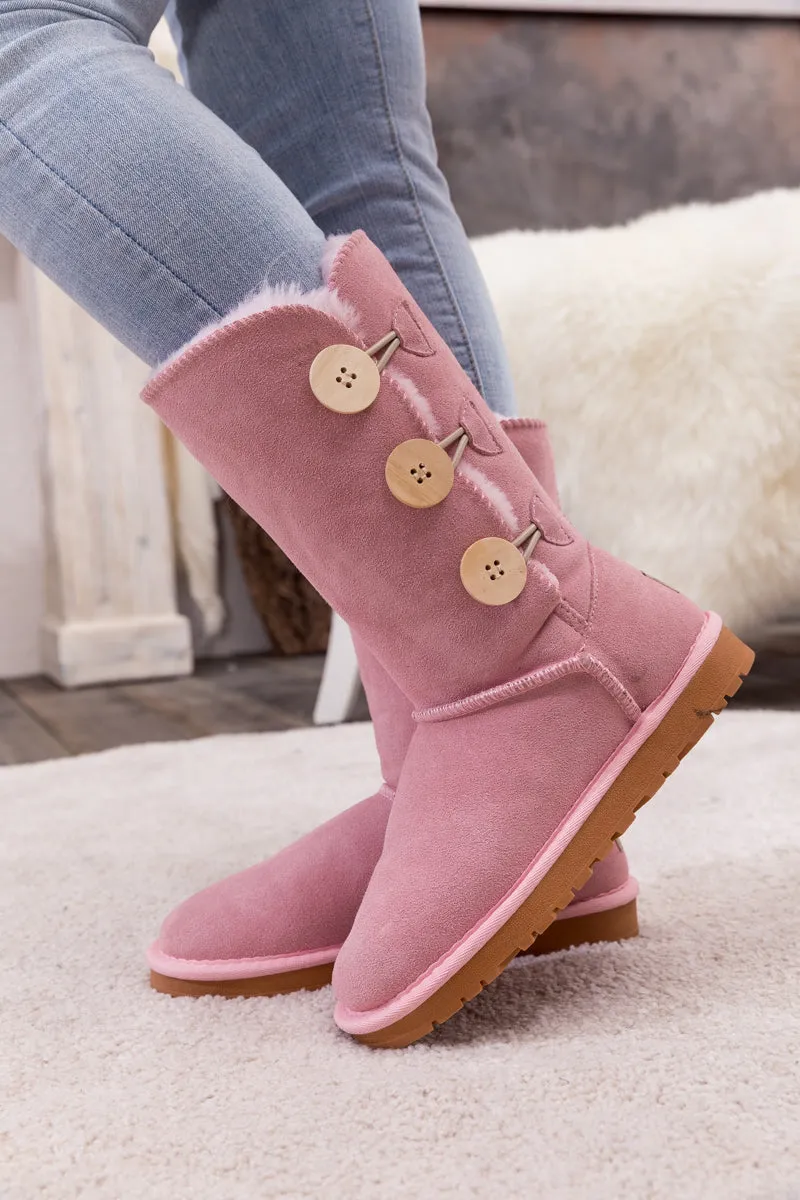 Side Button Faux Fur-Lined Leather Suede Boots