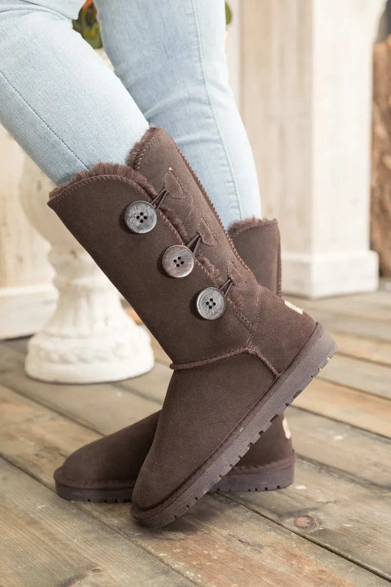 Side Button Faux Fur-Lined Leather Suede Boots